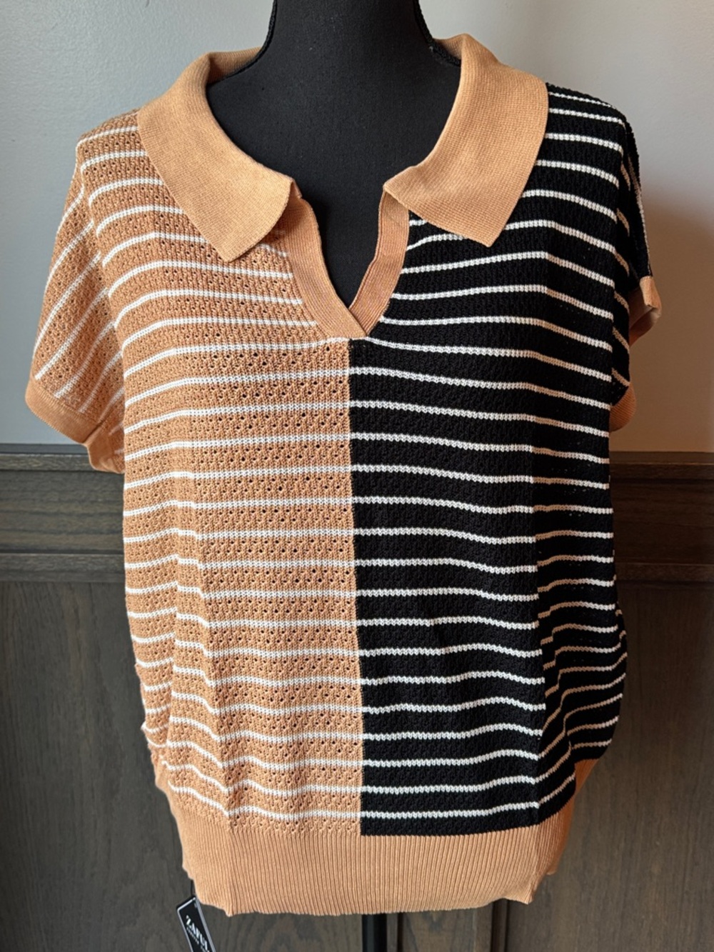 Zaful Split-Panel Polo Knit Top in Tan and Black NWT XL